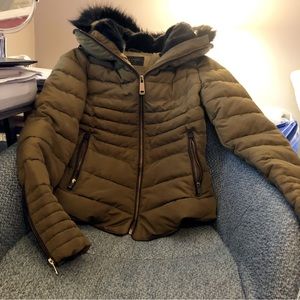 Zara Olive Green Puffer Leather Trim Zip Up XS